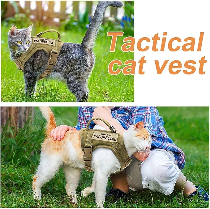 Forestpaw Cat Harness Escape Proof for Walking,Adjustable Cat Vest Harness with Soft Mesh Padded,Tactical Cat Harness with Control Handle,Molle Patches,Khaki