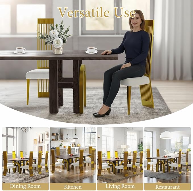 Brushed Gold Dining Chair Set of 8, High Back Kitchen Chairs,Modern Luxury Dining Chairs with Upholstered Padded Seat and Sturdy Metal Legs for Dining Room Kitchen Bedroom