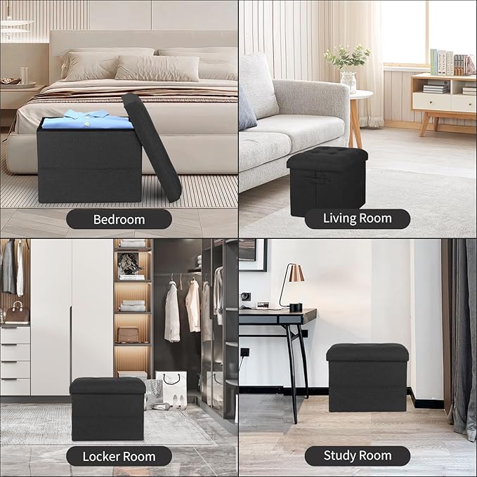 Storage Ottoman Foot Rest with Thicker Foam Padded Seat. Small Bench with Storage. 350 lbs Linen Folding Footstool Bench for Living Room, Bedroom, Home Office. 17x13x13in, Gray Black