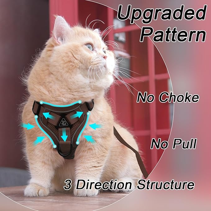 Cat Harness and Leash Set, Upgraded Escape Proof Adjustable Kitten Vest with Lead for Small Cat Outdoor Walking, Soft Breathable Mesh Jacket with Reflective Strips for Dark Night S Coffee Brown
