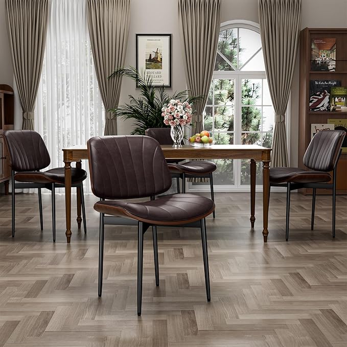 Dining Chairs Set of 8, Dining Room and Kitchen Chairs, Mid Century Modern Accent Chair, Upholstered PU Leather Chairs for Vanity with Walnut Bentwood and Metal Legs, Brown