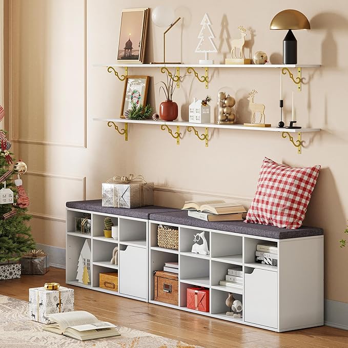 DINZI LVJ Long Wall Shelves, 31.5" Large Floating Shelves Set of 4, Farmhouse Display Shelf Wall Mounted with Heavy Duty Bracket, Easy Assembly for Kitchen, Bathroom, Bedroom, Balcony, White and Gold