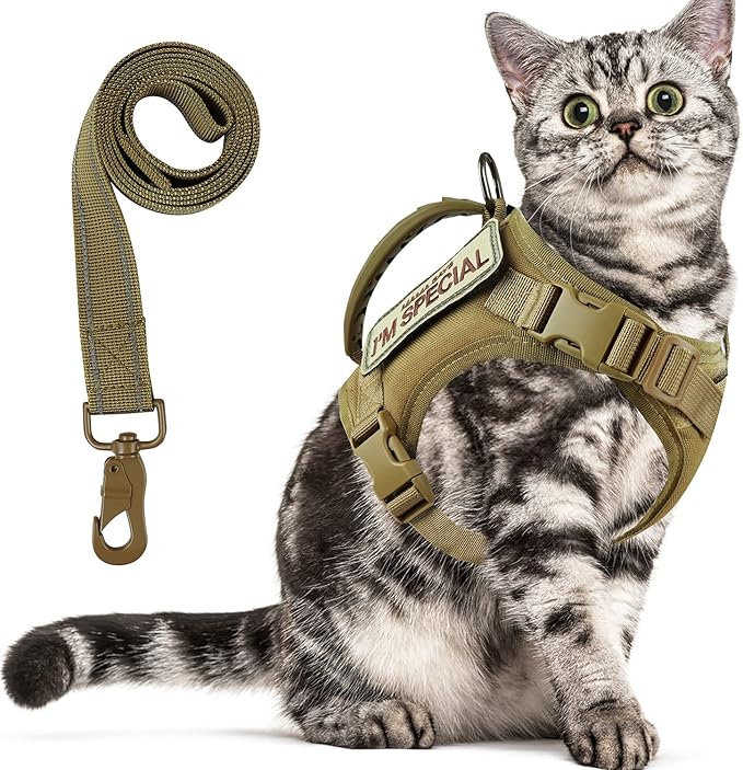 Tactical Cat Harness for Walking Escape Proof, Soft Mesh Adjustable Pet Vest Harness for Large Cat, Small Dog and Khaki…