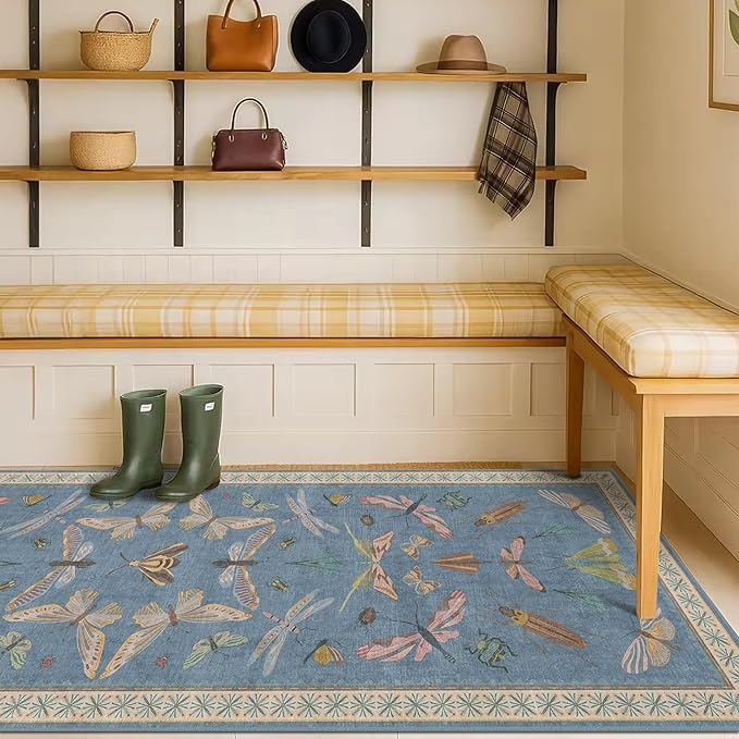Blue Insect 2'6'' Wide 8' Long Hallway Runner Rug - Washable Kitchen Sink Rug, Non Slip Runner Rug for Entryway, Colorful Vintage Print Home Décor
