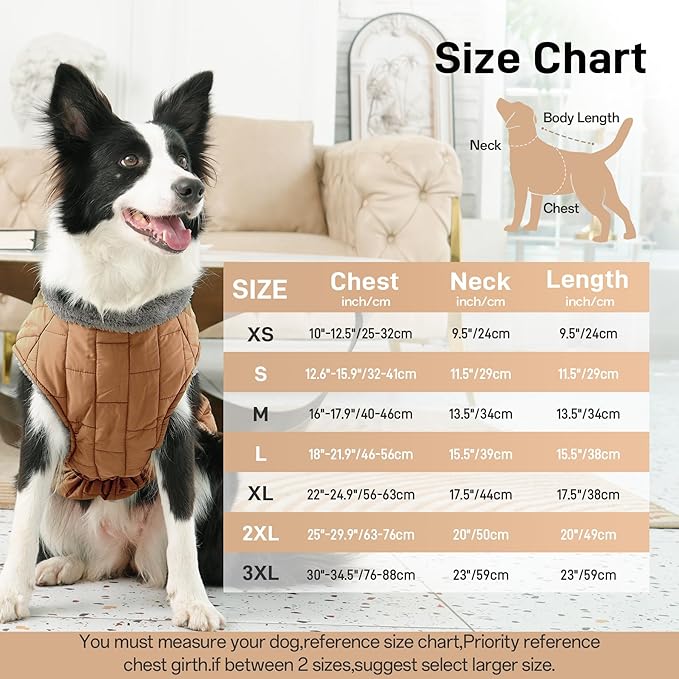 Warm Fleece Dog Coats with Durable Harness Buitl in D-Ring,Waterproof Doggie Jacket for Medium Dogs,Dog Vest for Cold Winter,Burnished Khaki L