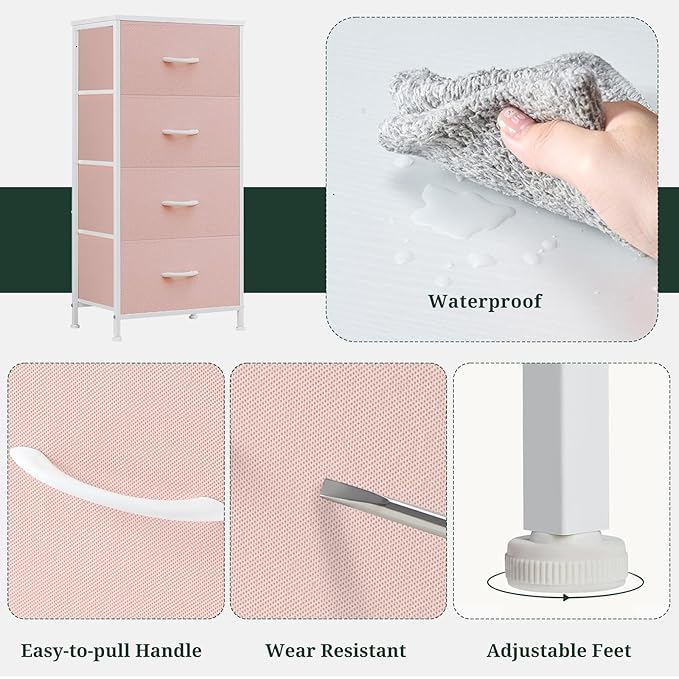 Nightstand, 4 Drawer Dresser End Table Bedside Furniture with Wooden Top Steel Frame Fabric Bins for Bedroom, Closet, Entryway, Dorm, Living Room, Pink