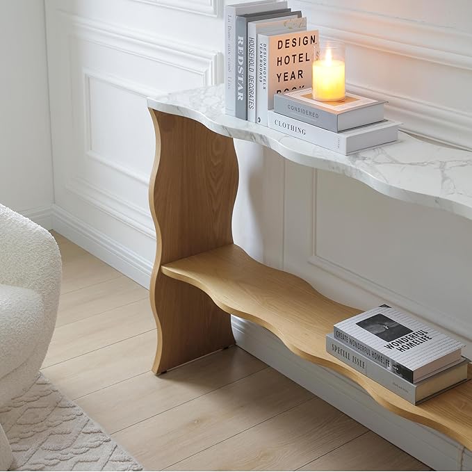 47-Inch Long Console Table, Marble Wooden Rectangular Sofa Table Behind The Couch, with Storage Shelf, Farmhouse Entryway Table for Entrance, Hallway, Living Room (Marble+Wood)