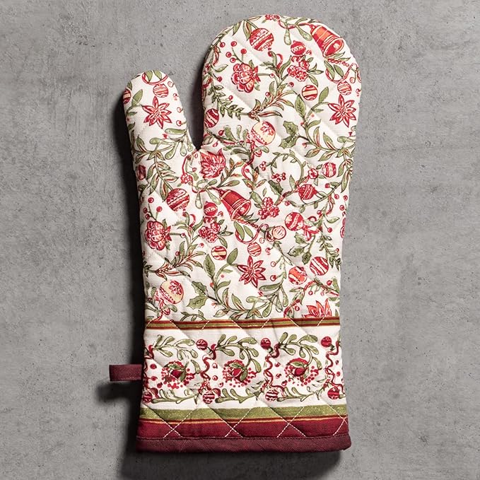 Maison d' Hermine Oven Gloves 100% Cotton Oven Mitt 7" x 13" with Loop Heat Resistant Cooking Gloves for Thanksgiving Christmas Decorations Baking Handling Hot Pans (Pack of 1, Reveillon Au Jardin)