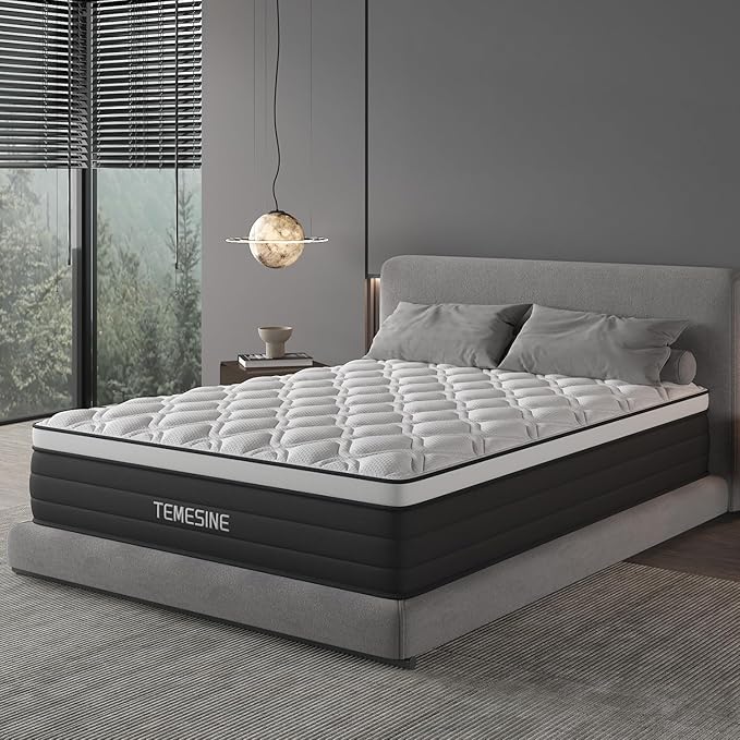 Full Size Mattress, 10 Inch Hybrid Mattress in a Box with Individual Pocket Spring, Gel Memory Foam and Euro Top, Medium Firm Feel with Motion Isolation, Pressure Relief, Edge Support, Black