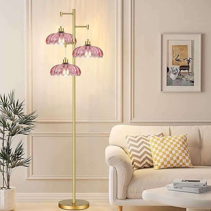 Vintage Floor Lamps for Living Room Bedroom-3 Light Glass Floor Lamp with Three Led Bulb, Modern Mid Century Standing Lamp Brass Tall Lamp Gold Tree Floor Lamp for Bedroom Corner