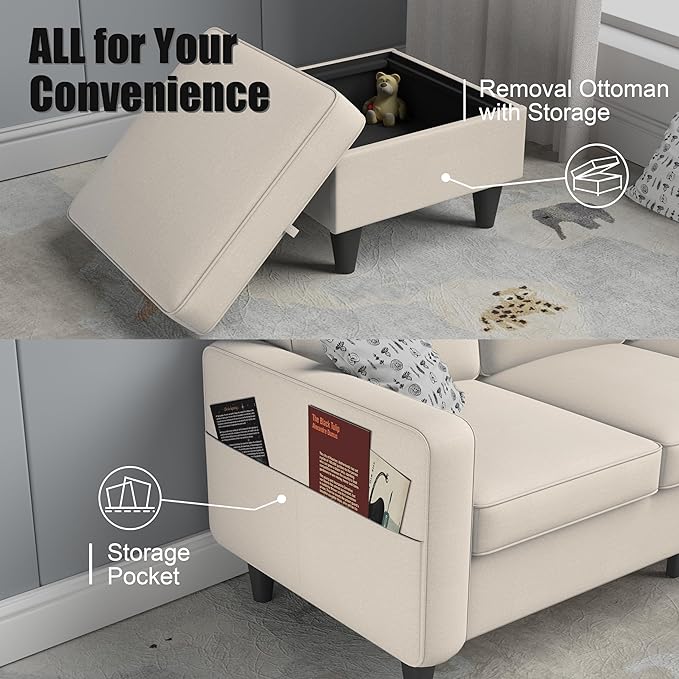 ZeeFu Couch for Living Room - 78'' Beige Linen 3 Seat L-Shaped Sectional Sofa Couches with Storage Ottoman - Modern Small Space Upholstered Furniture Sofa Set for Office Small Space Apartment Bedroom