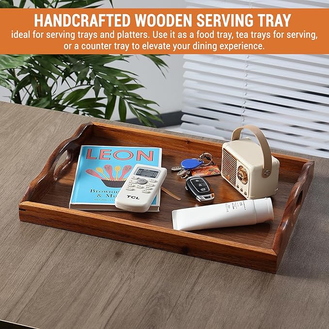 Nature Walnut Wooden Serving Tray with Handles, Solid Wood Food Tray for Coffee, Breakfast, Dinner, Ottoman,16.6x11.8x2.4 inches