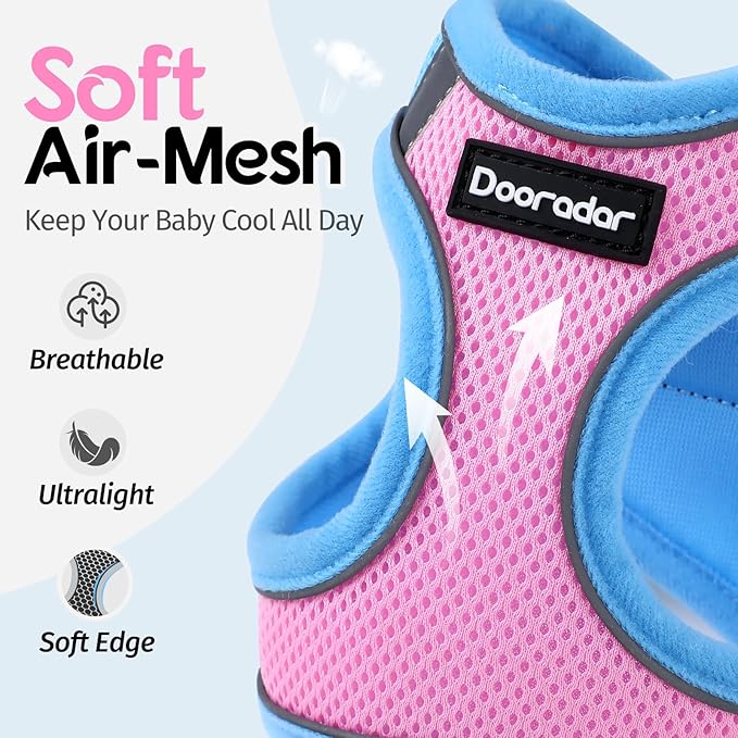 Dooradar Cat Harness and Leash Set, Escape Proof Lightweight Kitten Harness, Soft Breathable Reflective Vest for Outdoor Walking Traveling, Adjustable for Small Cats, Pink & Blue, S