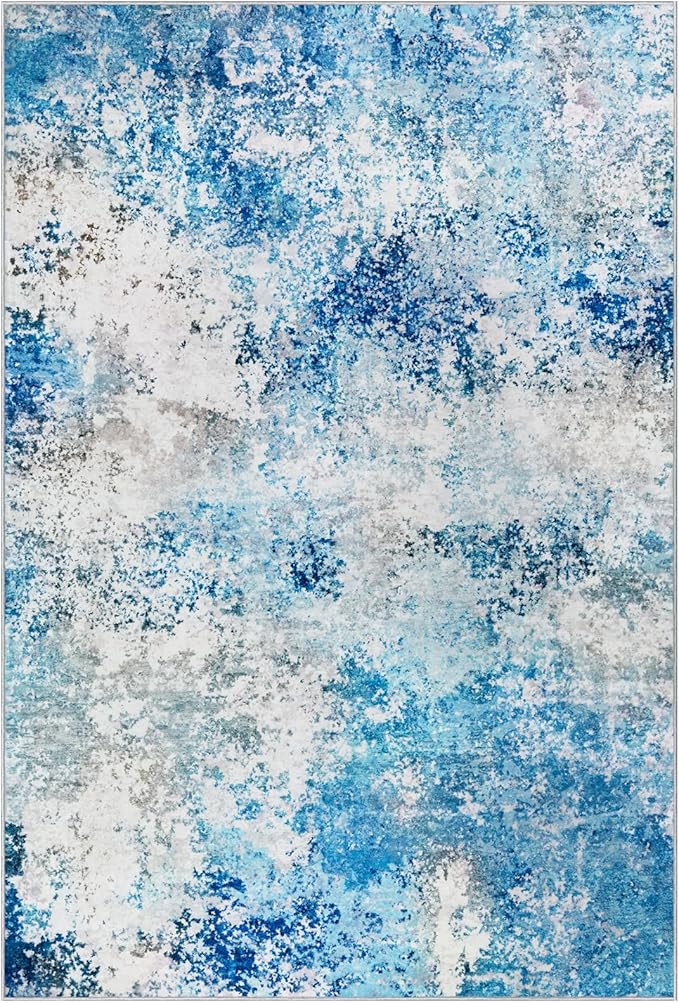 5x7 Washable Area Rugs - Living Room Rug Neutral Modern Abstract Large No Slip Soft Thin Rug Indoor Floor Carpet for Bedroom Under Dining Table Home Office Nursery Room - Blue White