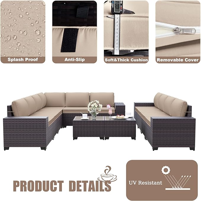 Kurapika 12 Pieces Patio Furniture Set, Rattan Wicker Outdoor Conversation Sets w/4 Inch Cushion and Glass Coffee Table(Sand)