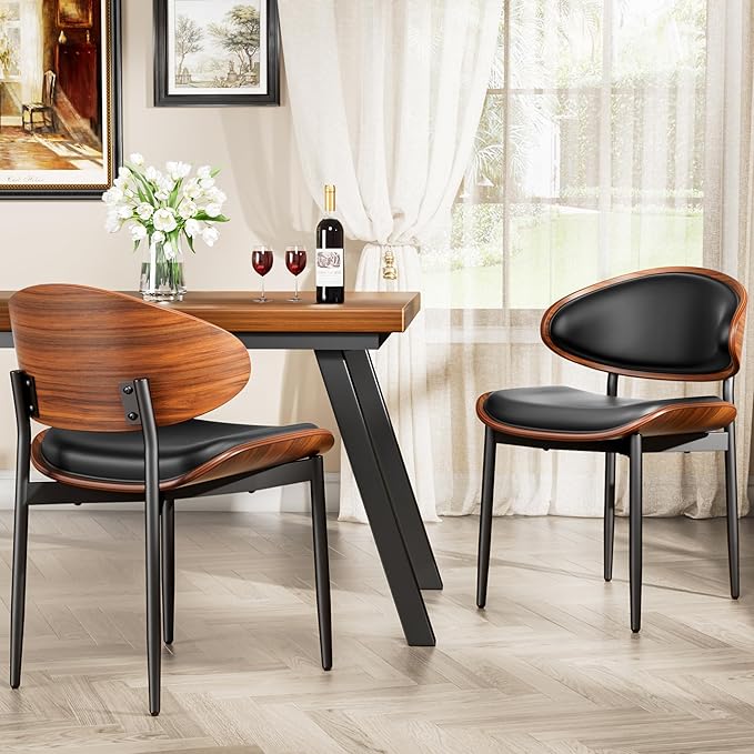 Dining Chairs Set of 8, Dining Room and Kitchen Chairs, Mid Century Modern Retro Chair, Upholstered PU Leather Chairs for Vanity with Walnut Bentwood and Metal Legs (Black)