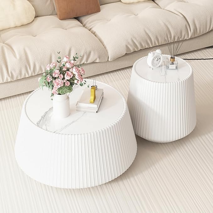 White Round Coffee Table with Sintered Stone Tabletop, 26.77" Drum Coffee Table with Fluted PU Leather Covered and Stable Base, Circle Cocktail Tea Table for Living Room