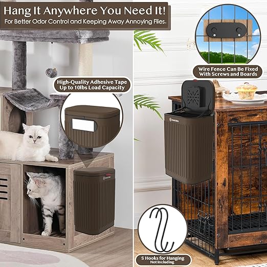 PAWZIDEA Wall Mount Dog Poop Trash Can Outside, 2.1 Gallon Small Dog Waste Bin with Lid, Activated Carbon Odor Control, Waterproof Metal Pet Waste Disposal Container, Fence Hang Poop Proof Garbage Can