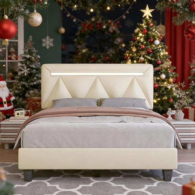 Full Size Bed Frame with LED Lights and Charging Station, Faux Leather Linen Fabric Adjustable Headboard,Modern Upholstered Bed, Sturdy Wood Slat Support, Easy Assemble, Beige