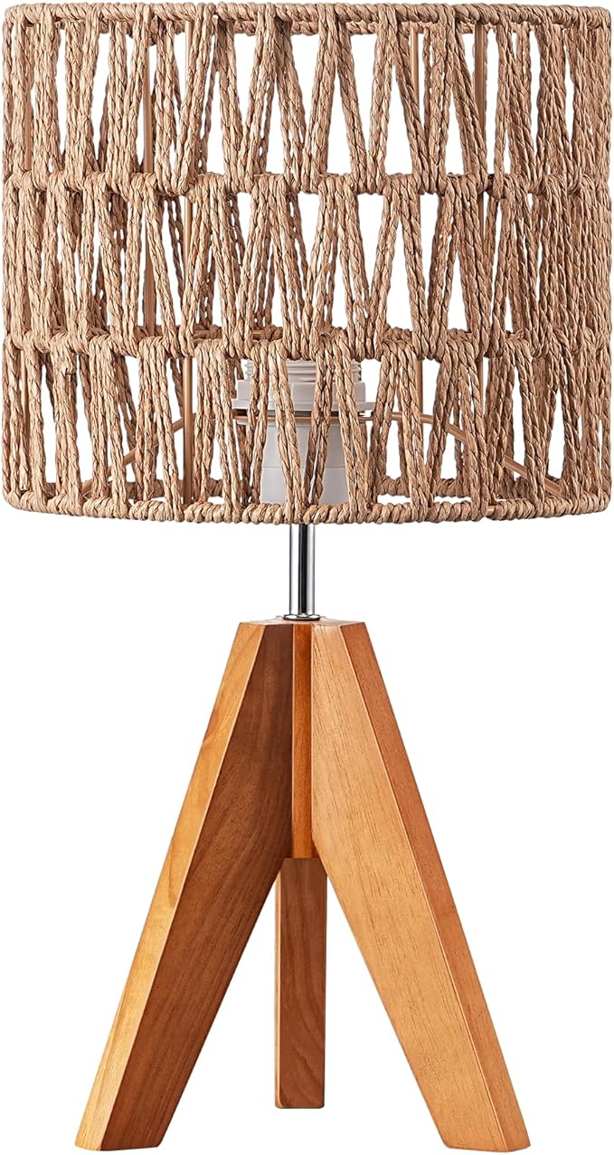EDISHINE Small Table Lamp, Rattan Wood Tripod Bedside Lamp, Boho Nightstand Lamp for Living Room, End Table, Office, E26 Base, Natural Style