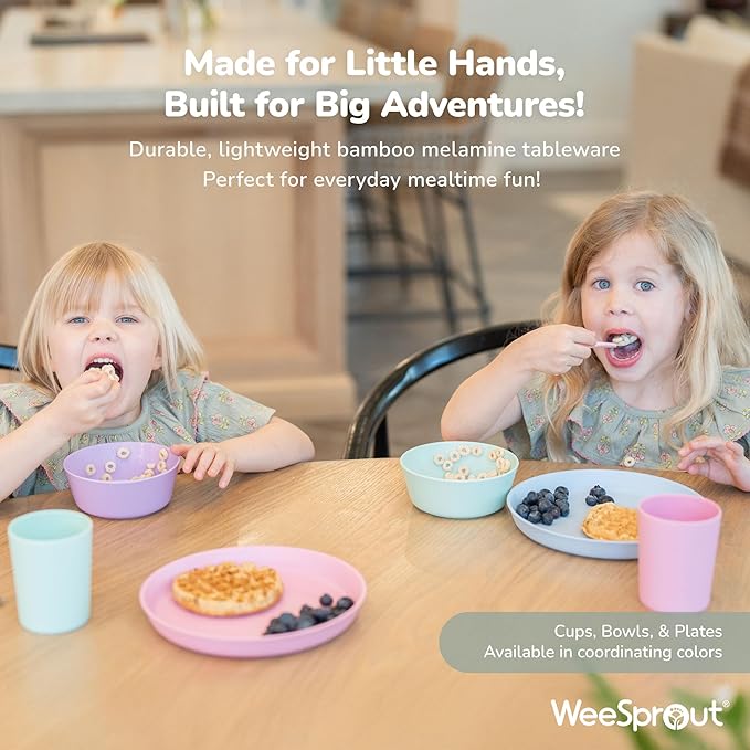 WeeSprout Bamboo Plates, Set of 4, Kid-Sized Dinnerware, Dishwasher Safe Melamine Dishware (Pastel Blue, Mint, Purple & Pink, Without Lids)
