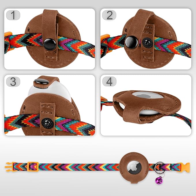Airtag Cat Collar with Bell - Non Breakaway Soft Pet Collar with Leather Air Tag Holder - Adjustable GPS Anti-Lost Collars for Girl Boy Cats Kitten Puppies, Lightweight and Patterned (Arrows)