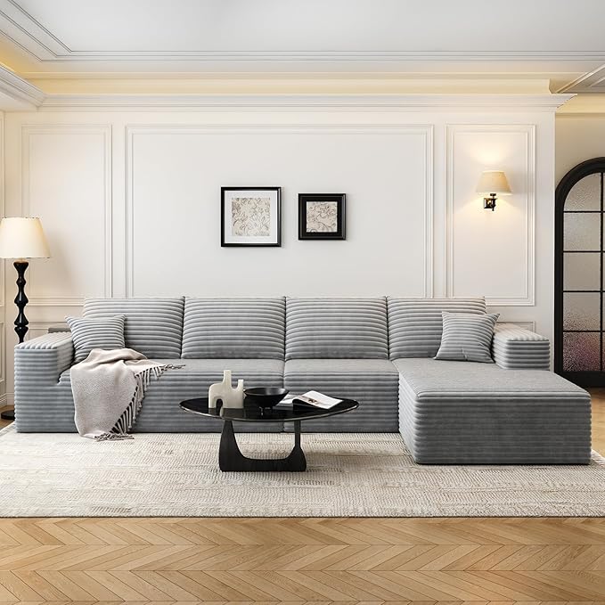 135.4" Cloud Modular Sectional Sofa Couch with L-Shape Chaise,Modern Minimalist Upholstered Couches for Living Room Bedroom,Deep Seat Corner Couch,No Assembly Required (Grey,Right Facing Chaise)