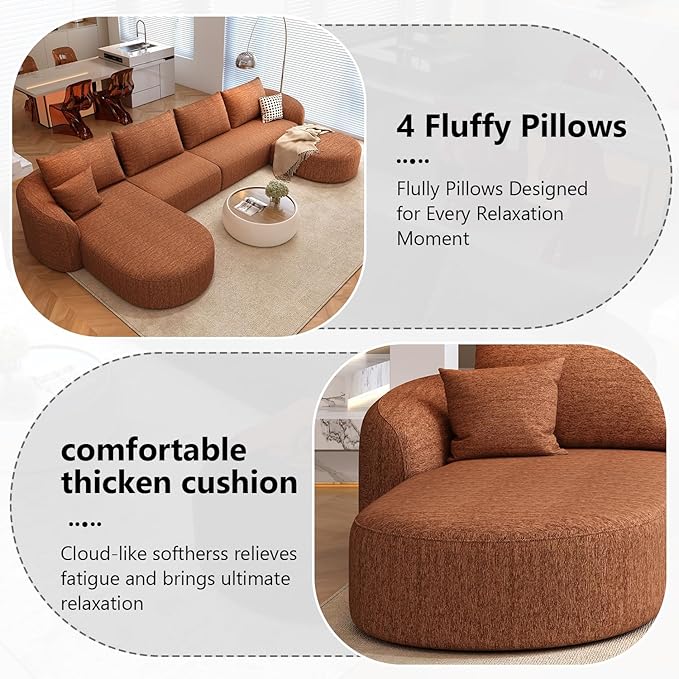 138.6" Modular Sectional Couches Luxury Modern Curved Back U-Shape Sofa Set with Ottoman,Minimalist Comfy Boneless Cloud Couch for Living Room Apartment,(Left Facing Chaise,Orange)