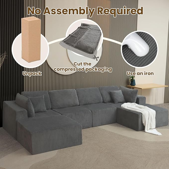 Oversize 131” Boneless Couch for Living Room, Comfort U Shaped Cloud Couch Sectional, Extra Deep Seats Corduroy Modular Sectional Sofa No Assembly,Grey
