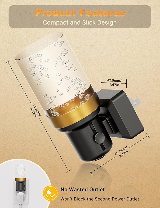 JandCase Night Light Amber, Dimmable Night Lights Plug into Wall, Auto On/Off Light Sensor Nightlight, 0-100LM Brightness LED Night Light, Bathroom Hallway Bedroom Decoration