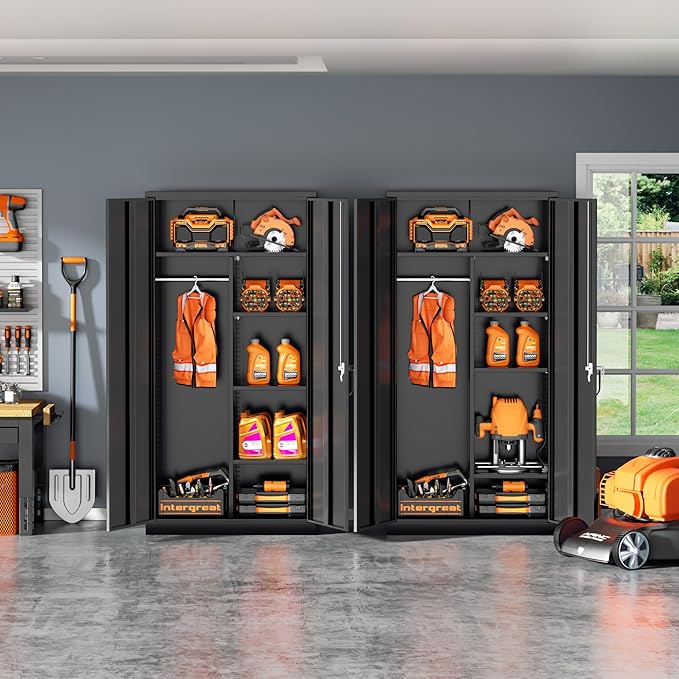 INTERGREAT Metal Wardrobe Closet, 72" H Metal Storage Armoires Cabinet with Lockable Doors and Hanging Rod, Armoire Wardrobe Closet with 4 Adjustable Shelves for Home Office, Warehouse, Garage, Black