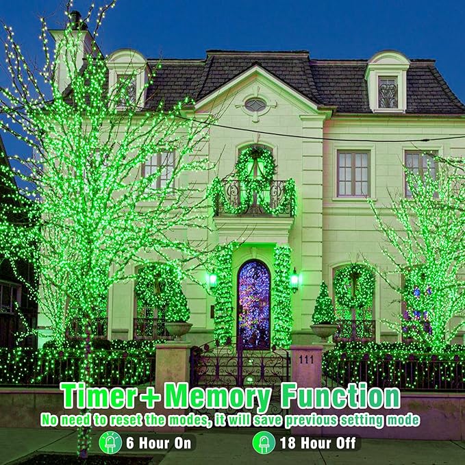 100 LED Green Christmas Lights 33ft Christmas String Lights Indoor 8 Modes Clear Wire Waterproof Plug in Twinkle Fairy Lights for Holiday Party Xmas Tree Decorations