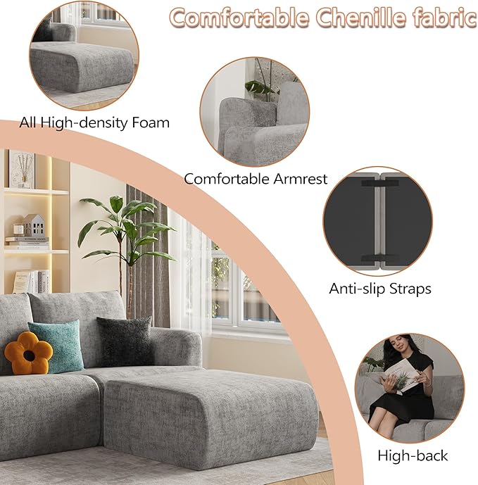 EASE MOOSE Boneless Couch for Living Room, Sectional Cloud Sofa, Modular Cloud Couch Loveseat, 2-Seater Deep Seat Sofas with Pillow for Bedroom, Apartment, No Assembly Required, Chenille (Light Grey)