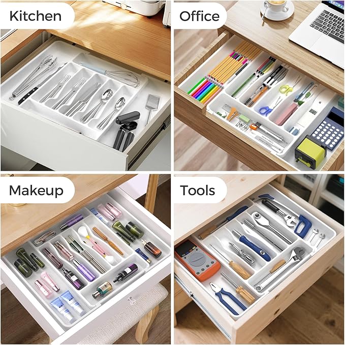 Extra Large Expandable Silverware Organizer, BPA-Free Food-Safe Cutlery Flatware Organizer, Kitchen Utensil Drawer Organizer, Adjustable Silverware Holder for Spoons Forks Knives, White