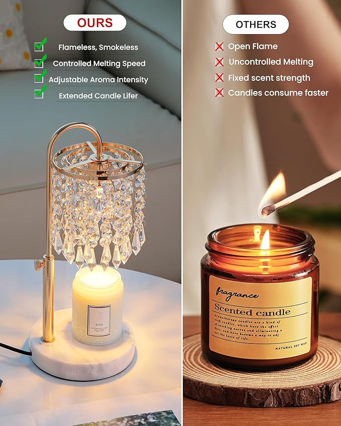 Candle Warmer Lamp with Timer Dimmer and 3 Bulbs, Candle Lamp Warmer with Marble Base for Adjustable Height, Crystal Candle Lamp for Jar Candles, House Warming Gifts Home Room Decor, French Gold