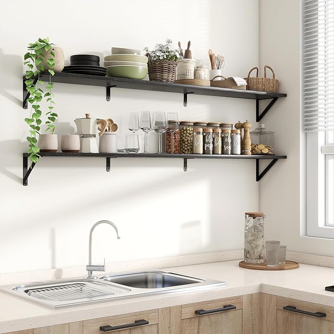 Axeman Black Floating Shelves for Wall 55 Inch | 55W x 8D Rustic Floating Shelves Set of 2 | 8" Deep Wall Shelves for Bathroom Kitchen Living Room | Bookshelf Display Shelves - Black