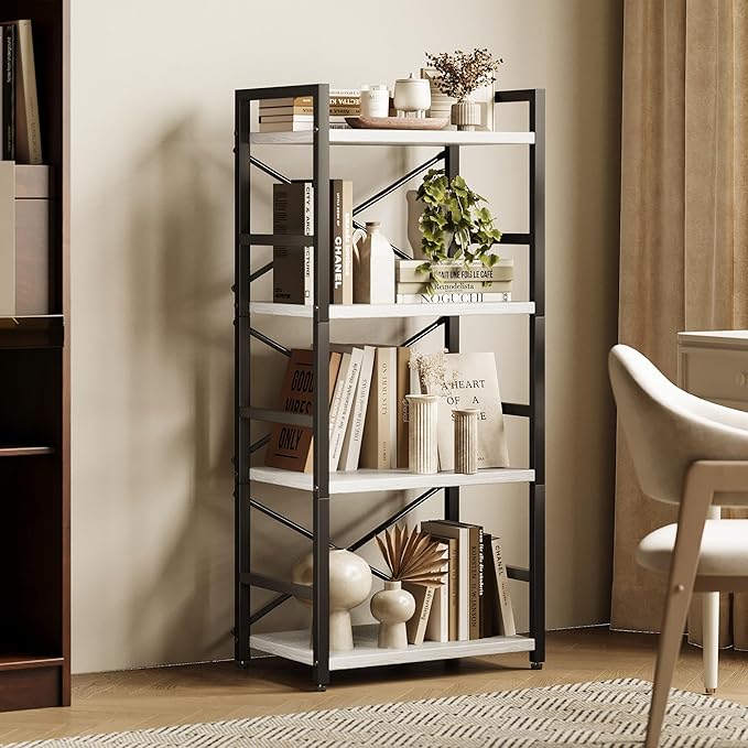 Homeiju 4 Tier Small White Metal Bookcase for CD/Movie/Book, Book Shelf Organization and Storage for Living Room, Kid's Room, and Home Furniture - 1018WH