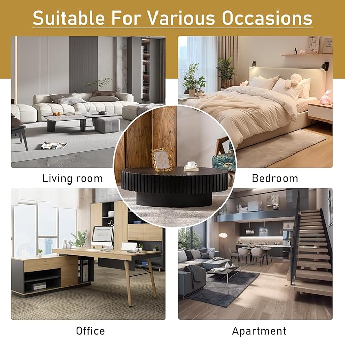 Oval Drum Coffee Table 43.3" Wooden Coffee Tables Handcrafted Fluted Drum Coffee Table Mid Century Modern Luxury Center Table Vintage Farmhouse Center Table for Living Room (Oval Black)