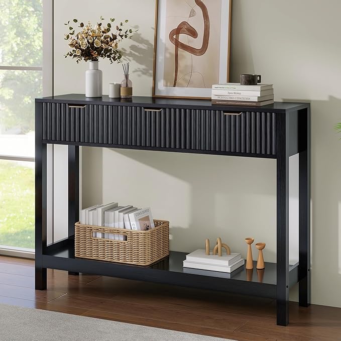 Fluted Console Table, Wooden Sofa Table with Storage and Drawers, Farmhouse Behind Couch Table Entryway Table for Entrance, Hallway, Living Room, Black