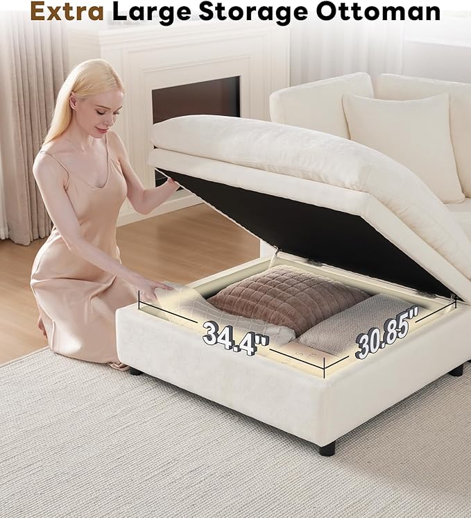 Tbfit Modern Sectional Sofa with Storage, Comfy Cloud Modular Couch with Down-Filled Cushions, Sofa for Home, Living Room, Beige