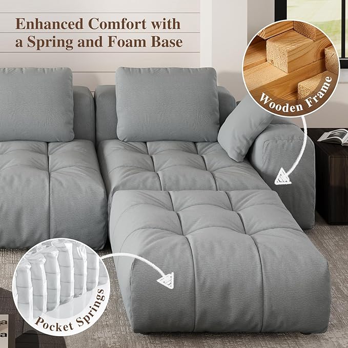 Cloud Sectional Couches, Comfort Linen Oversize Modular Sofas with Wide Deep Seat, Down Filled Modern Upholstered Sofa Couch for Living Room, Apartment,Grey