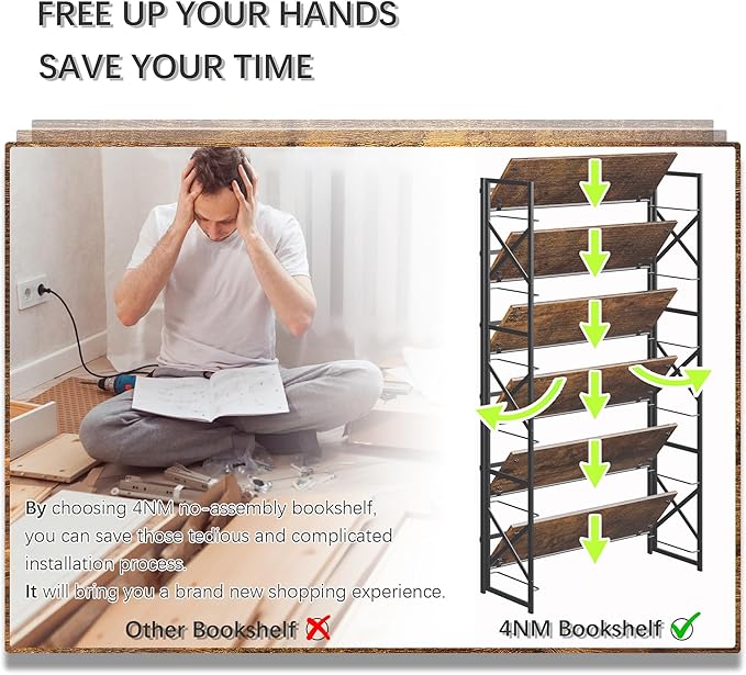 4NM Extra Wide 6 Tiers No Assembly Book Shelves, 61.8" H Folding Bookshelf Bookcase Open Industrial Foldable Shelves for Bedroom, Living Room, Home Office - Rustic Brown Black