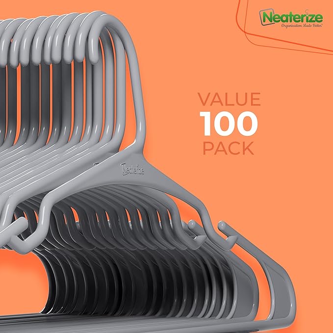 NEATERIZE Clothes Hangers Plastic 100 Pack for Adults - Plastic Hangers, The Perfect Coat Hanger and Space Saving Clothes Hangers for Closet, Percheros Ganchos para Colgar Ropa Hangars - Grey Hangers