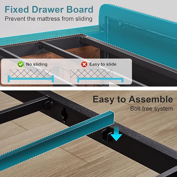 VECELO Queen Size Upholstered Metal Bed Frame with Storage Drawers, LED Headboard, USB & Type-C Ports, Linen Fabric Platform Bed with 9 Legs Support, Noise-Free Design, No Box Spring Needed, Grey