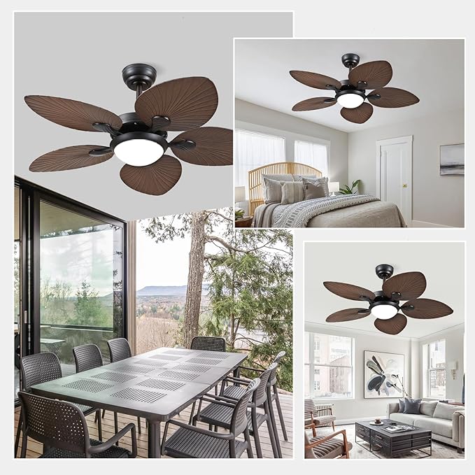 Tropical Ceiling Fans with Lights and Remote/APP Control, 44 Inch Palm Leaf Ceiling Fan with LED Lights, Outdoor Ceiling Fans for Patios Porch, Reversible Quiet Motor, Dimmable, Dark Brown