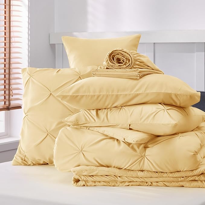 Bedsure Twin Comforter Set Yellow - Bed in a Bag Twin Size Bedding 5 Pieces, GentleSoft™ Pintuck Bed Set Gift for Family, Pinch Pleat Yellow Comforter with Sheets, Pillowcase & Sham