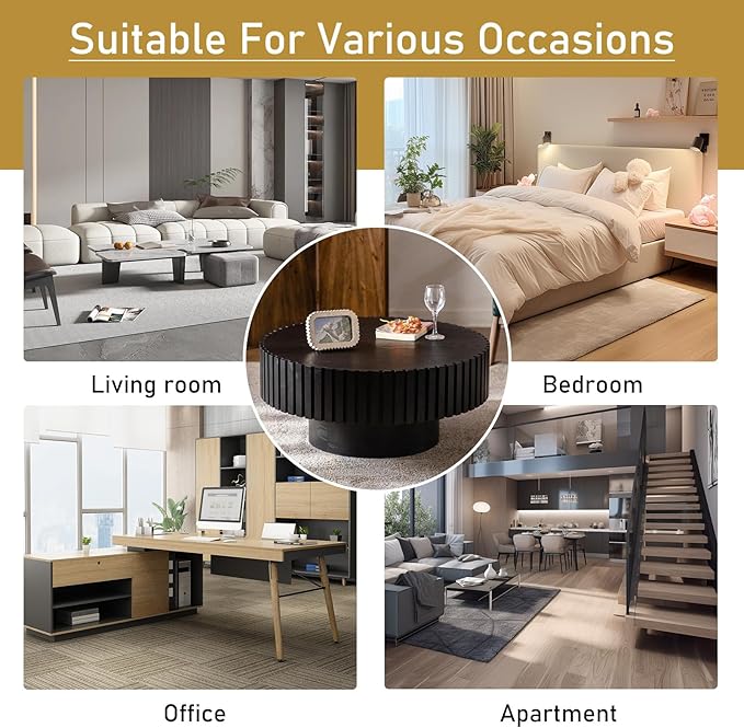 Round Drum Coffee Table 31.5" Wooden Coffee Tables Handcrafted Fluted Drum Coffee Table Modern Luxury Circle Center Table Vintage Farmhouse Center Table for Living Room (Round Black)