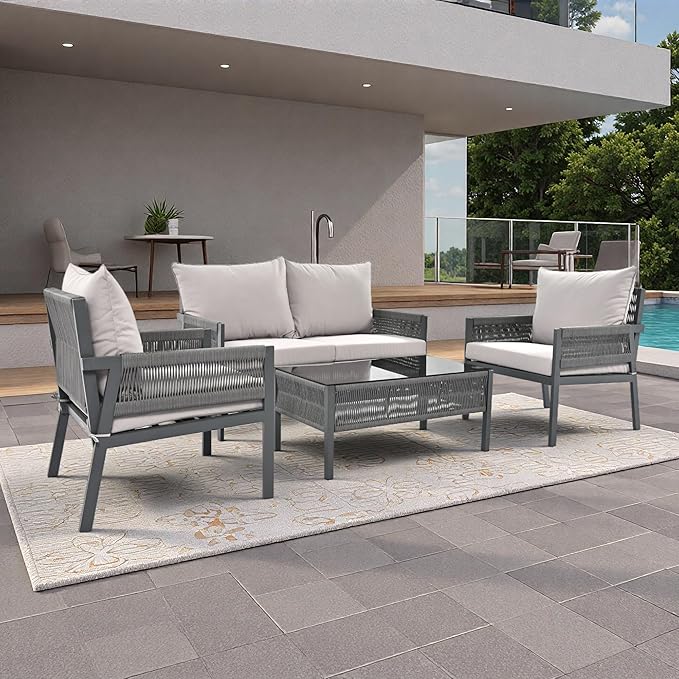 4-Piece Rope Outdoor Furniture Set, Patio Conversation Set with Tempered Glass Table, Rope-Woven Furniture Set with Deep Seat Design for Backyards, Gardens, Balconies, Grey