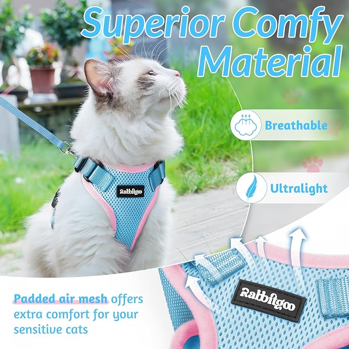 rabbitgoo Cat Harness and Leash for Walking, Escape Proof Soft Adjustable Vest Harnesses for Cats, Easy Control Breathable Reflective Strips Jacket, Light Blue&Pink, S
