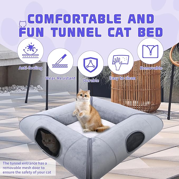 Indoor Cat Cave Bed with Door, with Removable Soft Pad, Sturdy and Scratch Resistant,Suitable for Small and Medium Cats (Gray)